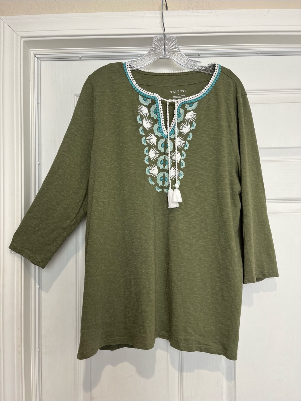 Talbots | Green Embroidered Split Neck Boho Peasant Cotton Tunic Top, XL